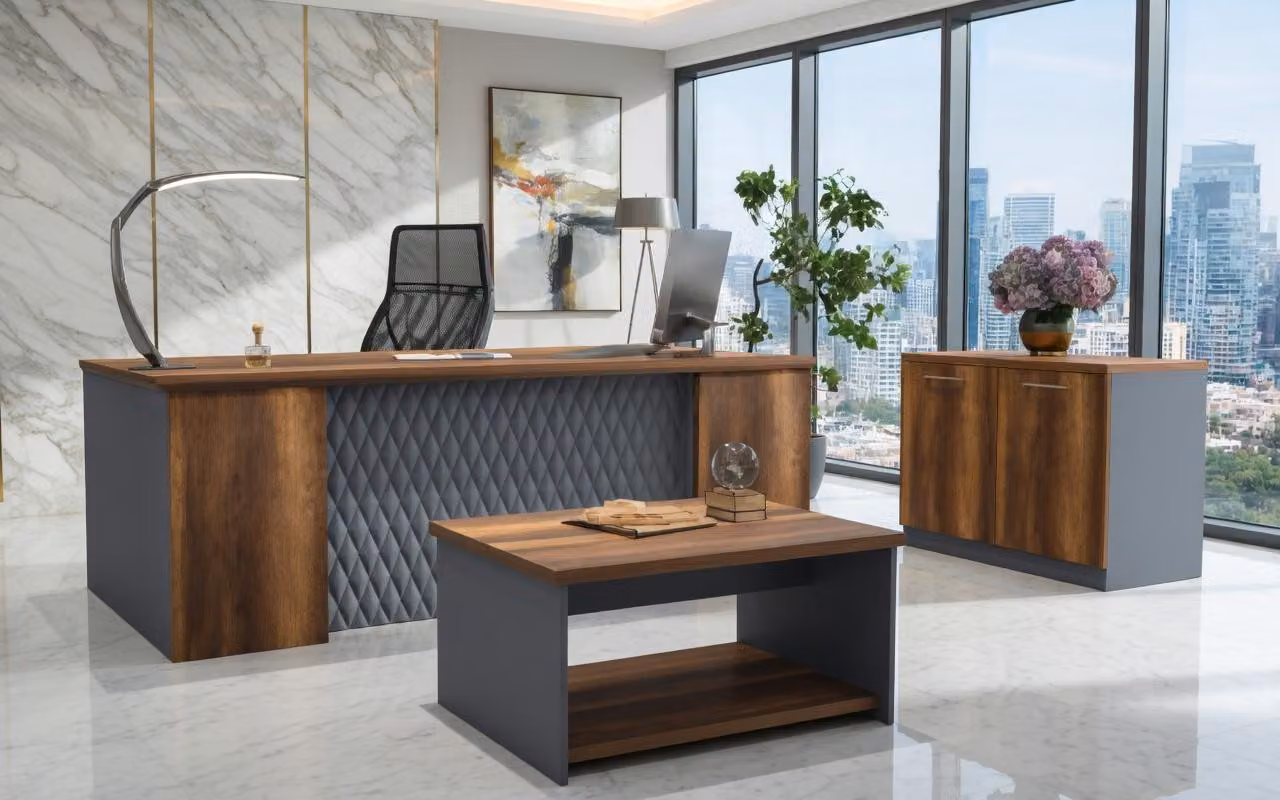 Set da ufficio elegante: scrivania, mobiletto laterale, tavolino da caffè, legno, grigio