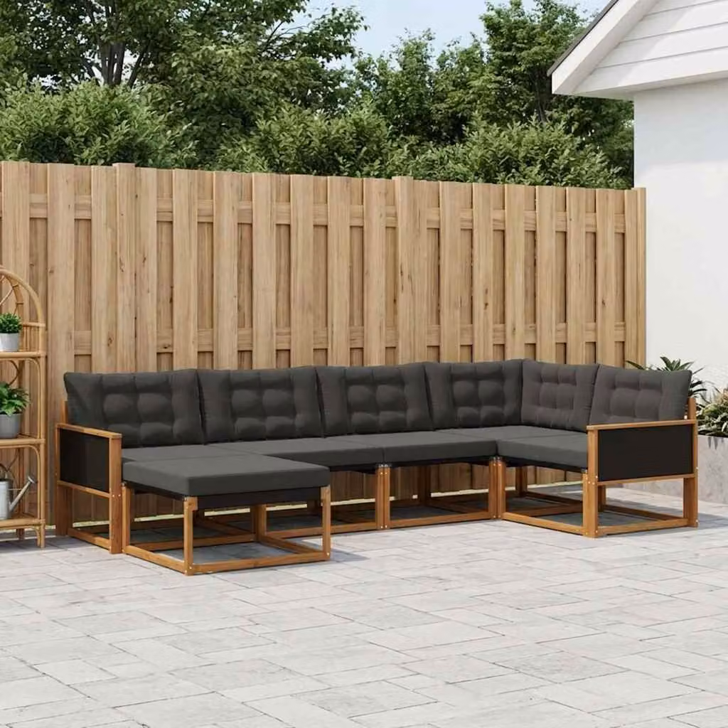 Set di divani da esterno vidaXL 8 pz a forma di L in legno di acacia con cuscini e pouf, colore marrone e nero