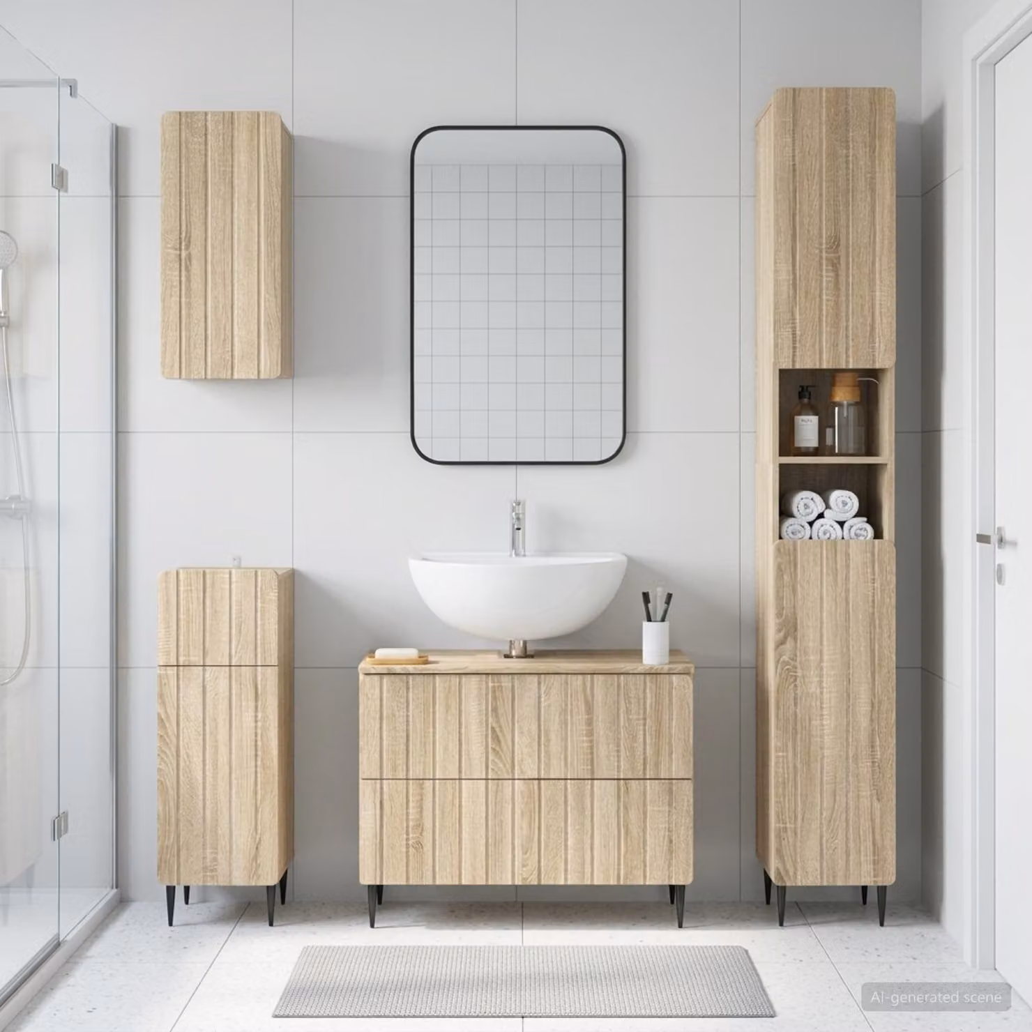 Set di mobili da bagno moderno vidaXL ZWOLLE in 4 pezzi color rovere sonoma marrone con base lavabo e pensili a muro