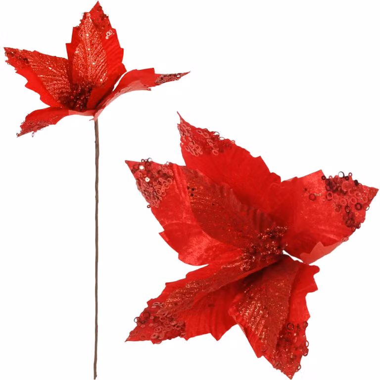 Stella Di Betlemme Poinsettia Rossa Vellutata Con Glitter E Paillettes