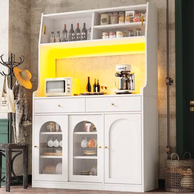Mobile colonna da cucina con ripiani regolabili 2 cassetti ante scorrevoli in vetro LED bianco 120 × 40 × 180 cm