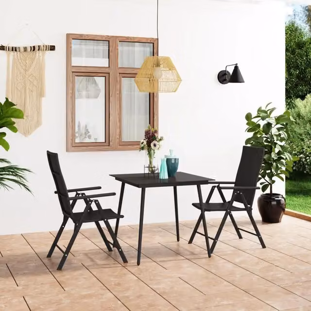 Set da pranzo da giardino moderno vidaXL in rattan e vetro, 3 pezzi, nero e marrone