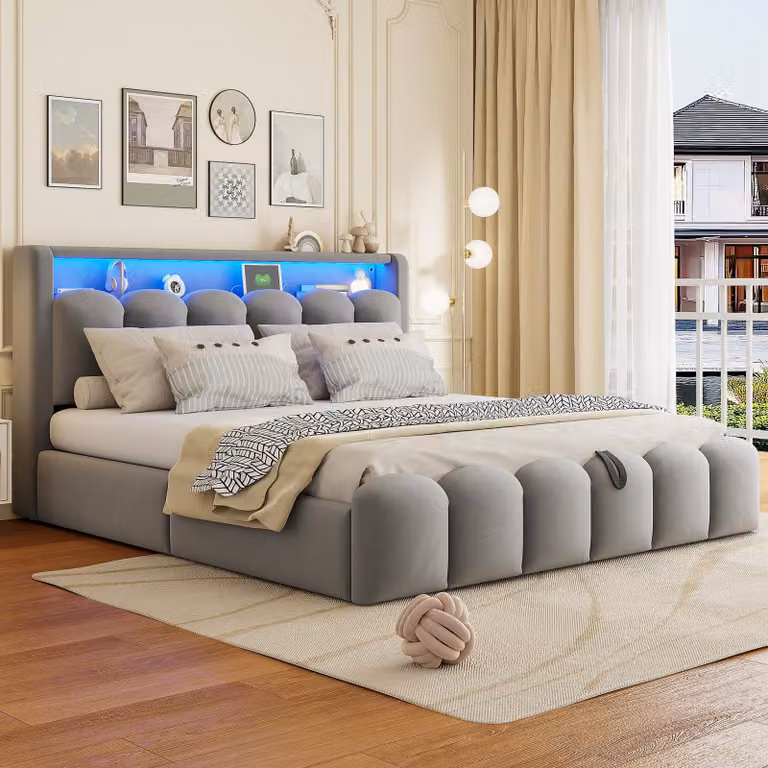 MODFU Letto matrimoniale imbottito senza materasso 180x200, letto con testiera contenitore, USB + Type-C, con LED, tessuto velluto, Grigio