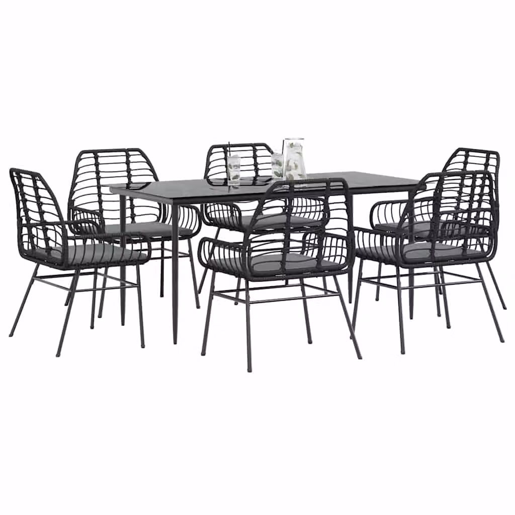Set da pranzo da giardino vidaXL in polyrattan e vetro nero e grigio con 7 pezzi