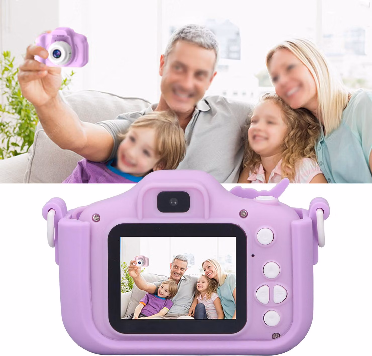 Fotocamera per bambini, giocattolo, videocamera digitale per foto e video, grazioso motivo cartoon, portatile per bambini, viola