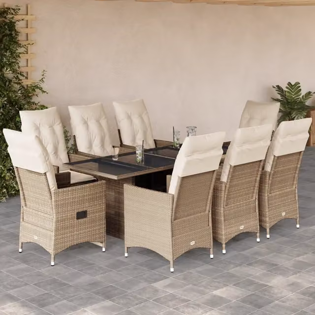 Set da pranzo da giardino vidaXL in polyrattan con cuscini beige e piano in vetro, 9 pezzi