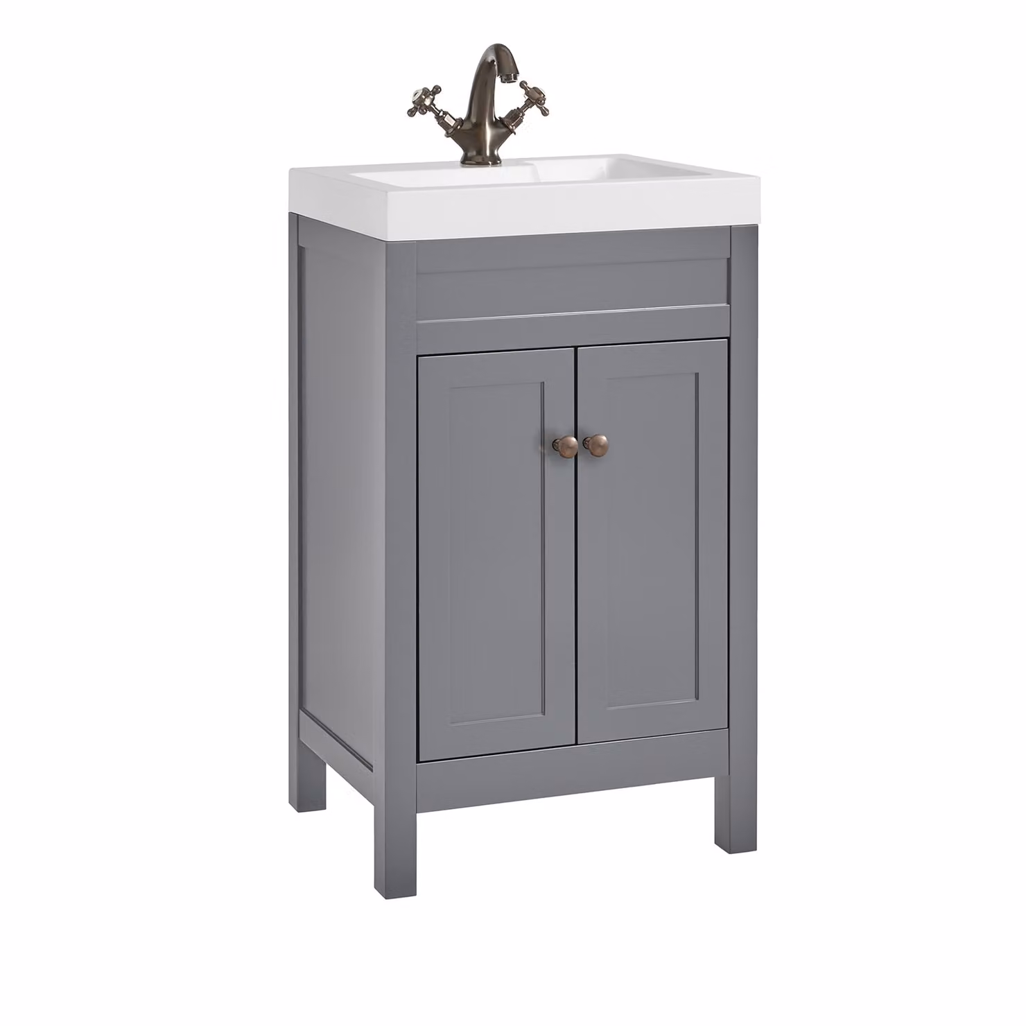 Mobile Bagno Grigio Chiaro da 500mm con Lavabo e  Maniglia Classica Rotonda in Bronzo Spazzolato - Warwick