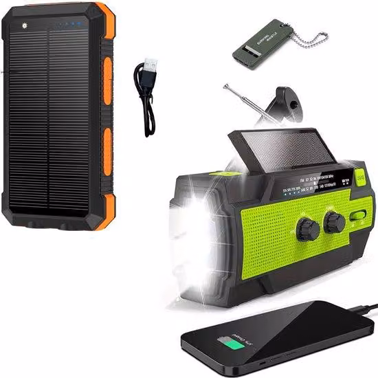 Radio portatile a energia solare per la sopravvivenza - Powerbank solare da 10.000 mAh - Con fischietto di emergenza - Torcia verde - Radio da cantiere