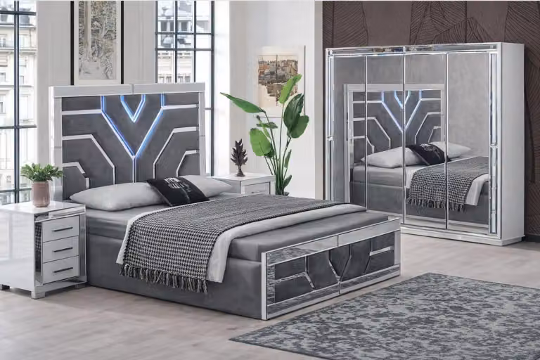 Set per camera da letto composto da 4 elementi: letto, 2 comodini e armadio, dal design elegante