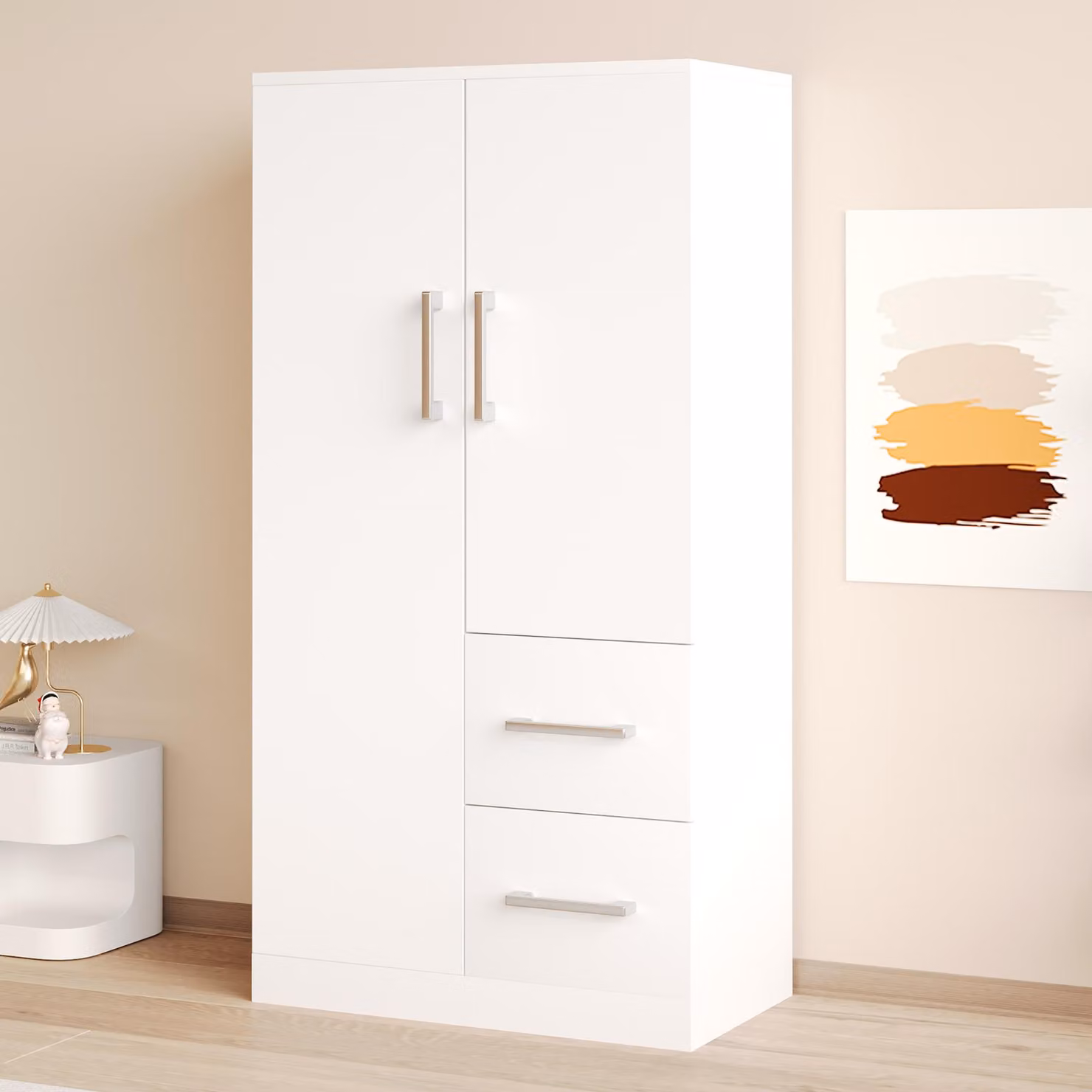 Armadio angolare Flieks Armadio con doppia anta e 2 cassetti, armadio con barra, 70x40x135cm, bianco