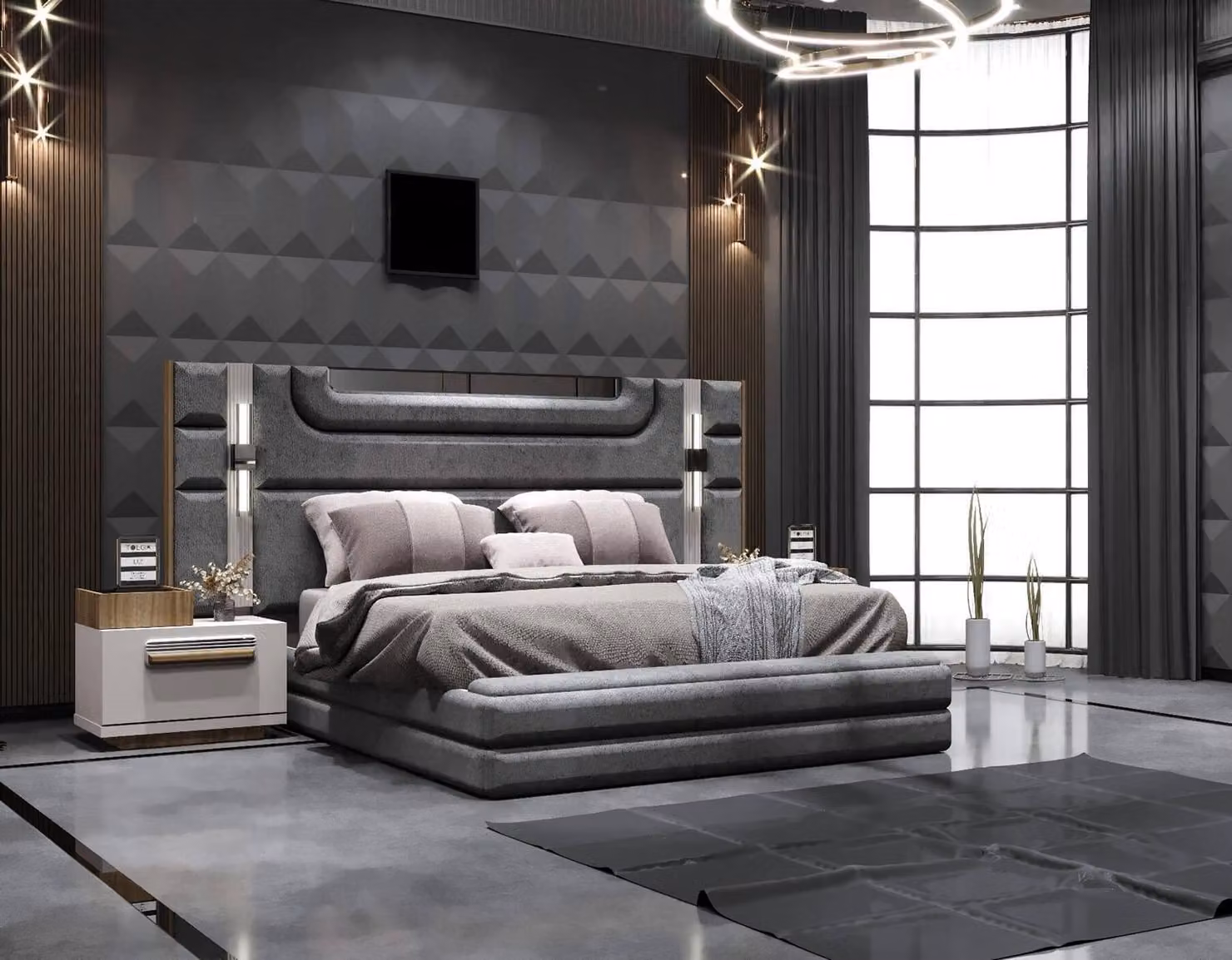Elegante set da camera da letto – Letto con 2 comodini e illuminazione a LED