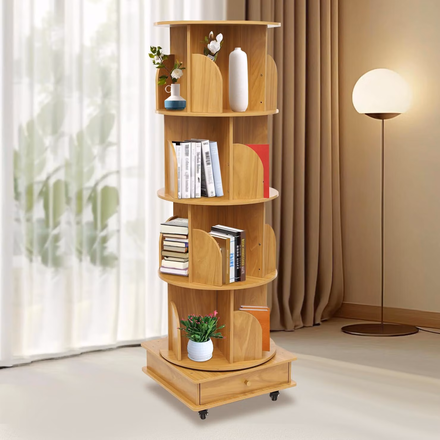 Libreria girevole in legno massello naturale, con 4 ripiani e design rotante a 360 gradi