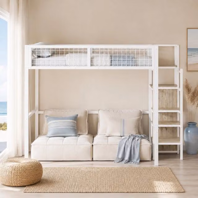 Letto a soppalco 140x200 cm bianco in metallo - scala sicura e armadio