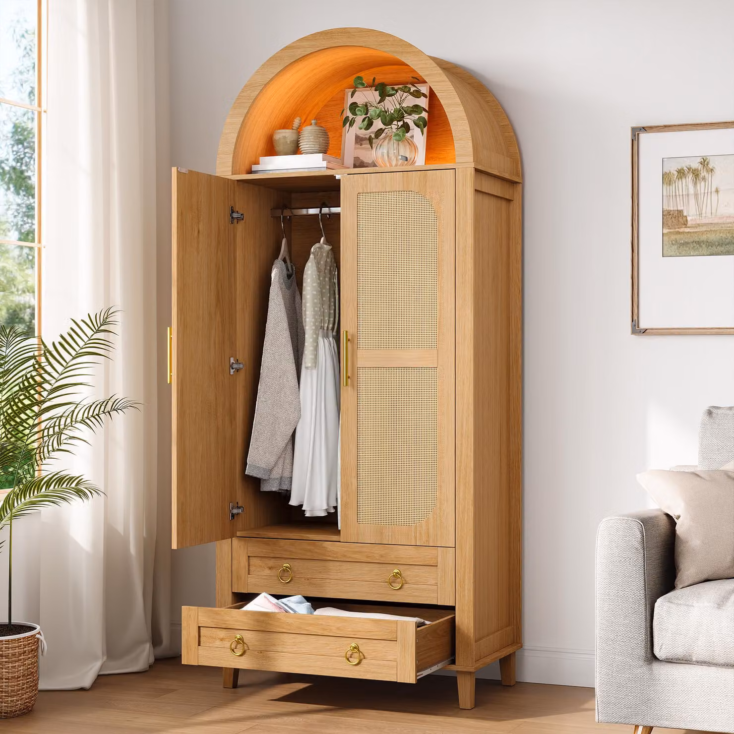 Armadio Merax con nicchia ad arco e ante doppie in rattan, armadio per bambini con asta appendiabiti e 2 cassetti, illuminazione LED controllabile tramite app, gambe in legno massello, finitura naturale