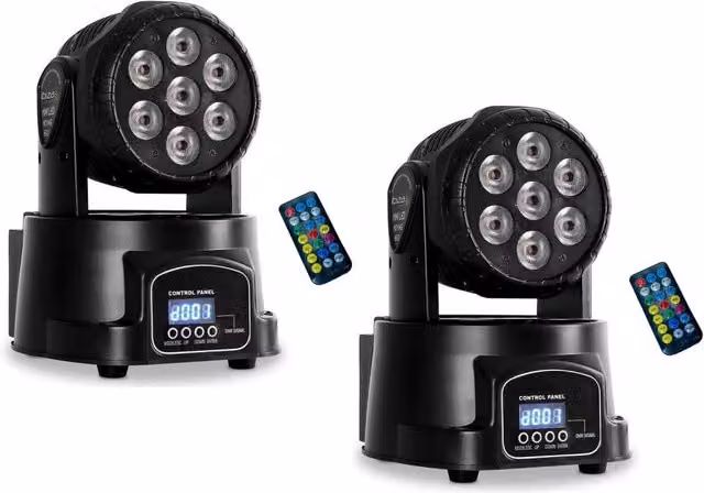 Set di 2 Proiettori LED RGBW LINXI Testa Mobile Rotante con 7 LED per Effetti Disco e Wash DMX, Colore Nero