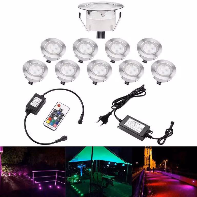 Set di 10 faretti LED da incasso, RGB, impermeabili, per scale e giardino