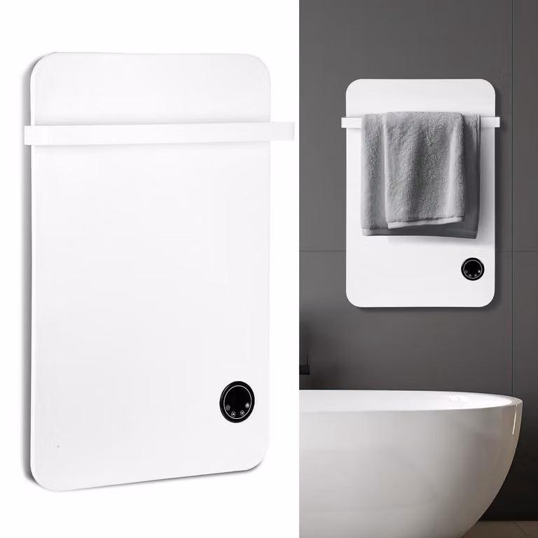 Pannello riscaldante a infrarossi Ikodm da 400W, con connessione Wi-Fi, ideale per il bagno, dotato di porta asciugamani, timer, termostato e telecomando, colore bianco