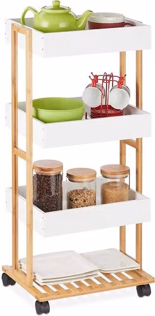Carrello da cucina moderno Relaxdays in legno di bambù bianco con ruote L 88,0 cm x P 40,0 cm x H 30,0 cm