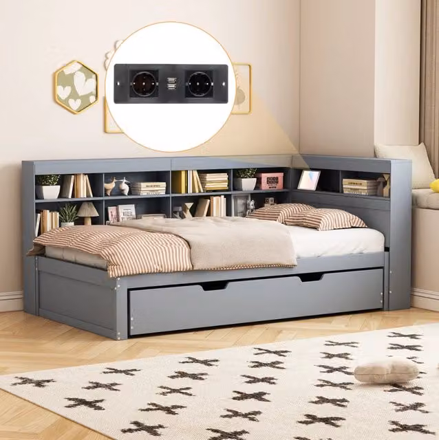 Divano letto 90x200 cm con USB e vani contenitore; legno; grigio