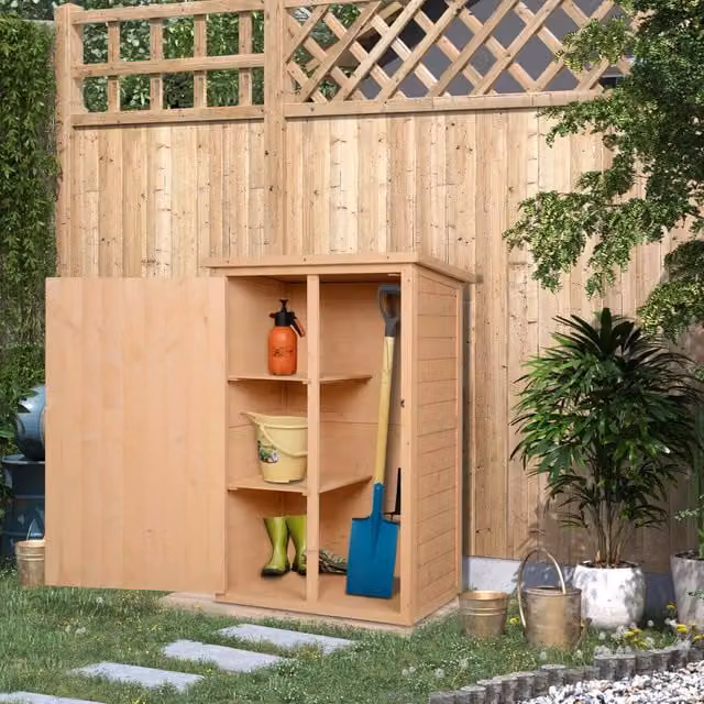 Armadio da giardino OKWISH in legno marrone con due ripiani e chiusura a ante, L: 75 cm, P: 56 cm, H: 115 cm