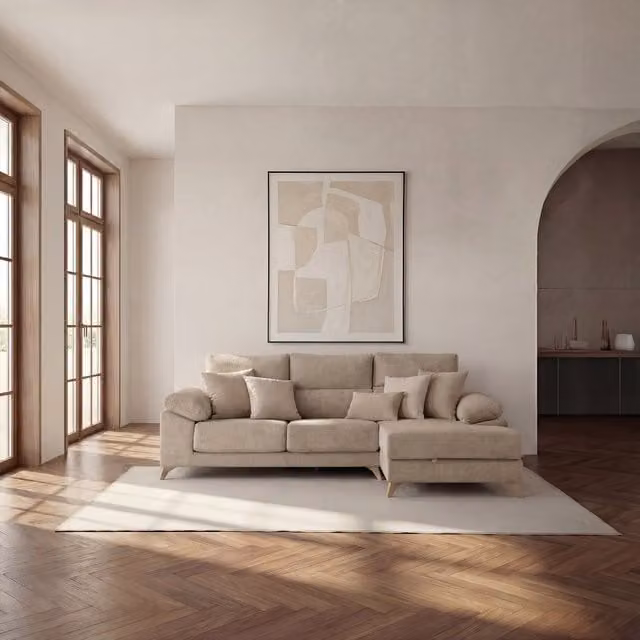 Divano angolare Banak a 3 posti con chaise longue destra, colore beige, stile scandinavo con poggiatesta regolabile e coperture rimovibili