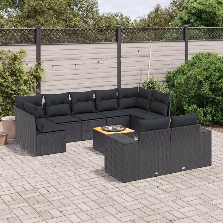 Set di divani da giardino vidaXL in polyrattan nero con cuscini e tavolino da esterno a forma di U