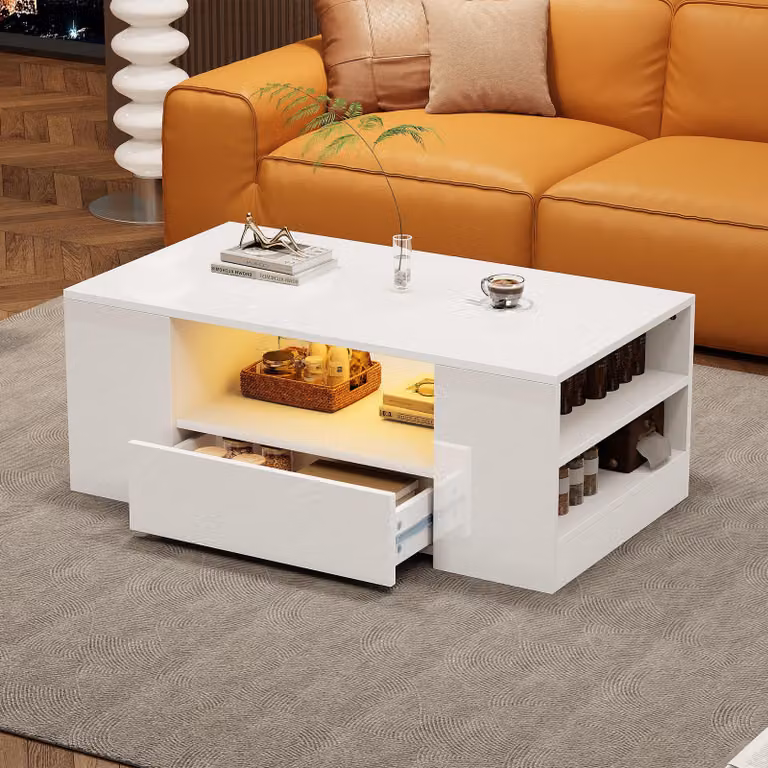okwish Tavolino da caffè moderno lucido, tavolino con 2 cassetti e 2 ripiani, mobile contenitore (95 x 53 x 37 cm) bianco