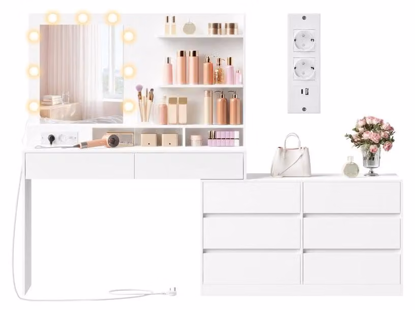 Comò da trucco con specchio e illuminazione a LED | Bianco "Wolke" | 169,2 x 40 x 145,5 cm