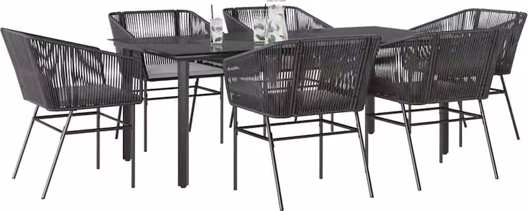 Set Pranzo da Giardino 7 pz Nero con Cuscini Polyrattan Vetro
