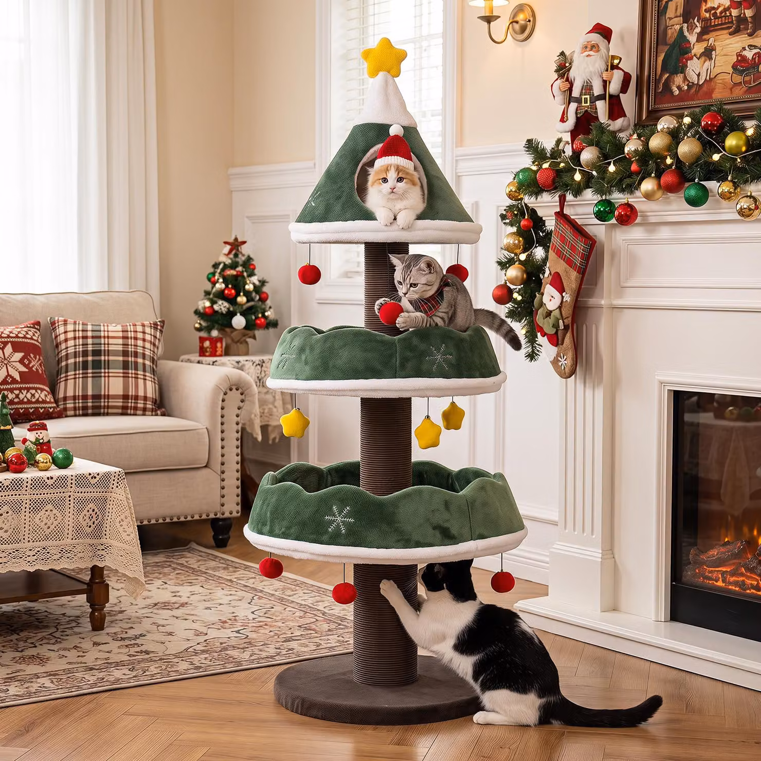 COSTWAY, albero per gatti da 143 cm con design a albero di Natale, completo di rifugio, pali per graffiare, decorazioni a stella, palline in peluche, base ampia e colonne rinforzate