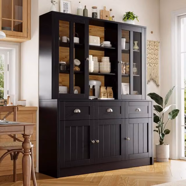 Vetrina Alta Moderna Minimalista 140x38,5x175 cm con Cassetti, Mobile da Cucina/Soggiorno/Sala da Pranzo Nero