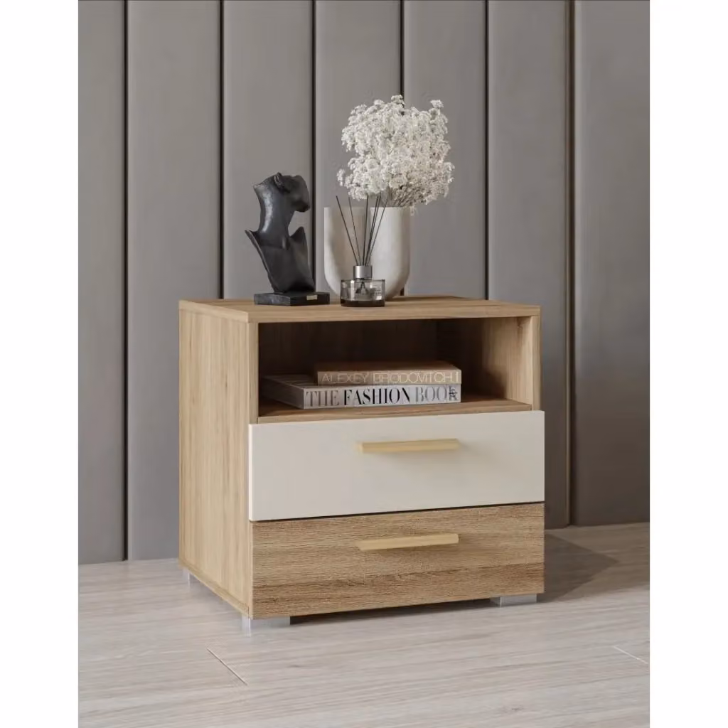 Comodino moderno Meublorama in legno e MDF, finitura rovere con dettagli beige e maniglie dorate per la tua camera da letto – 2