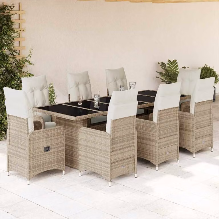Set da Bistrò da Giardino vidaXL 9 pz in Polyrattan con Cuscini Beige e Piano in Vetro