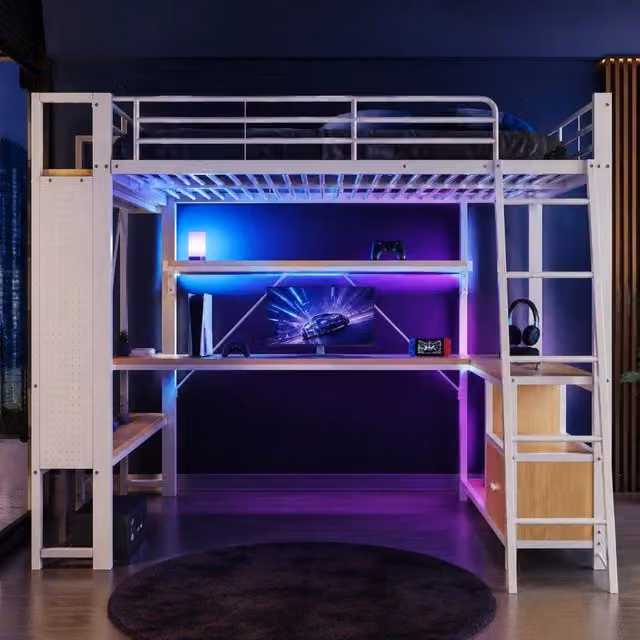 Letto a soppalco 140x200 cm bianco con scrivania, LED, USB e ripiani