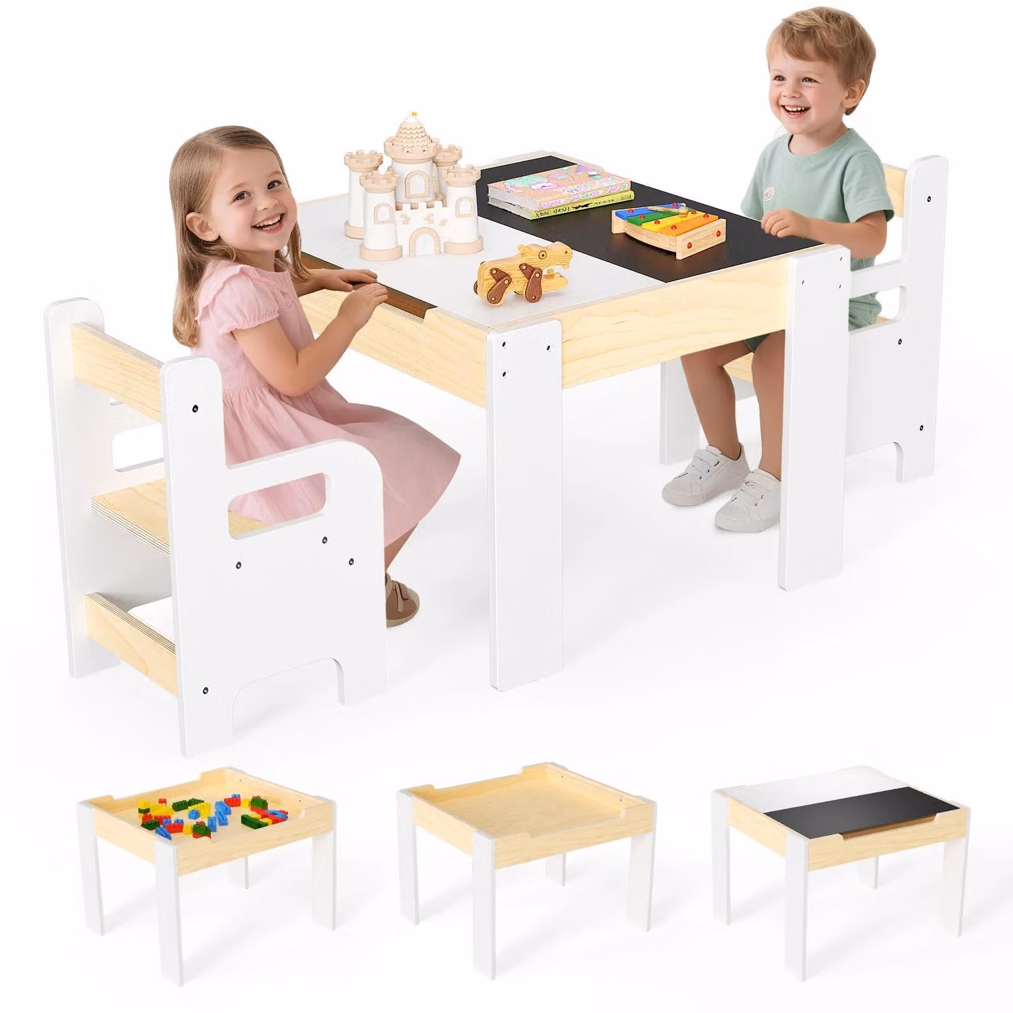 Tavolo per bambini con 2 sedie - Set di mobili per bambini - Piano del tavolo scrivibile - Spazio contenitivo sotto il piano del tavolo - Legno - Adatto a bambini piccoli dai 1 ai 3 anni - Giallo