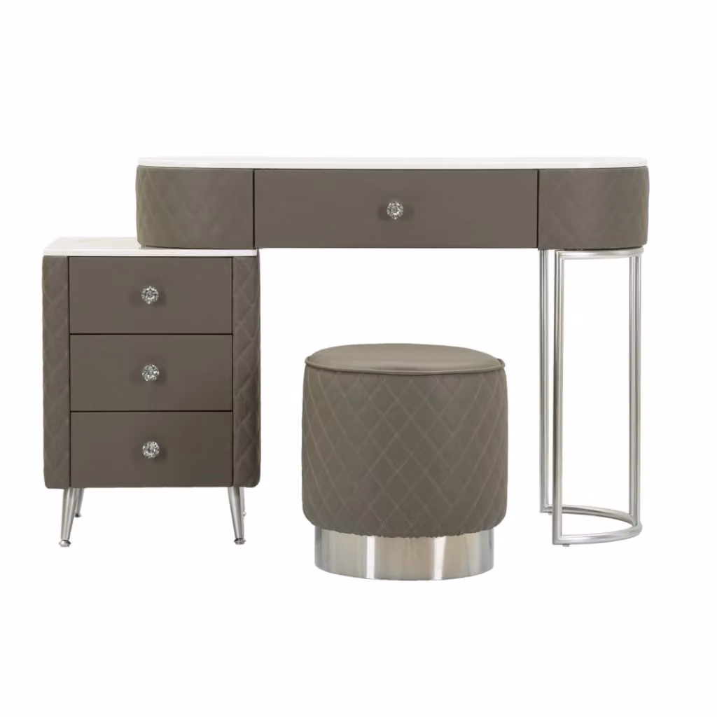 Toeletta Sharon Vikasa Home grigia con puff e gambe argento L: 120 cm, P: 40 cm, H: 75 cm – 2