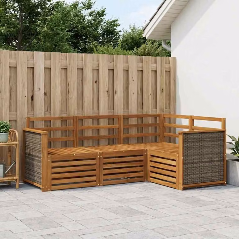 Set di divani da esterno vidaXL a forma di L composto da 4 pezzi in legno di acacia marrone con tessuto in poliestere resistente ai raggi UV