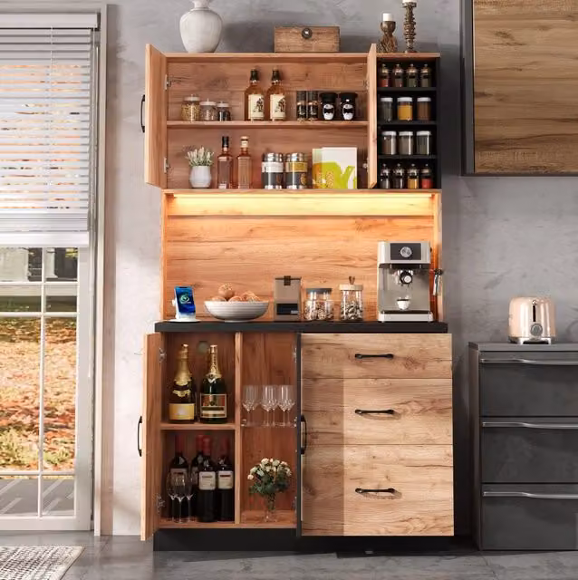 Colonna cucina ULEVR con 3 cassetti, LED regolabile, prese USB e vani con ripiani regolabili, effetto legno e nero