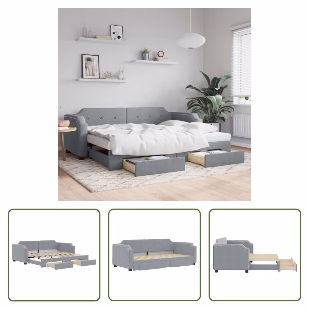 The Living Store letto da giorno allungabile con cassetti grigio chiaro 80x200 cm tessuto