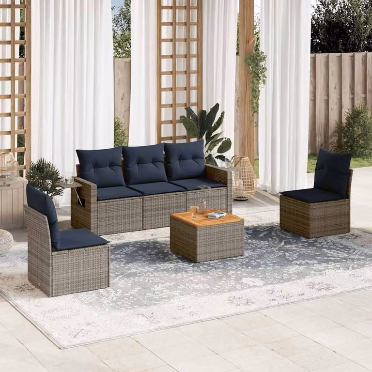 Set da giardino vidaXL in polyrattan composto da 6 pezzi con cuscini grigi e blu e struttura in metallo per esterno