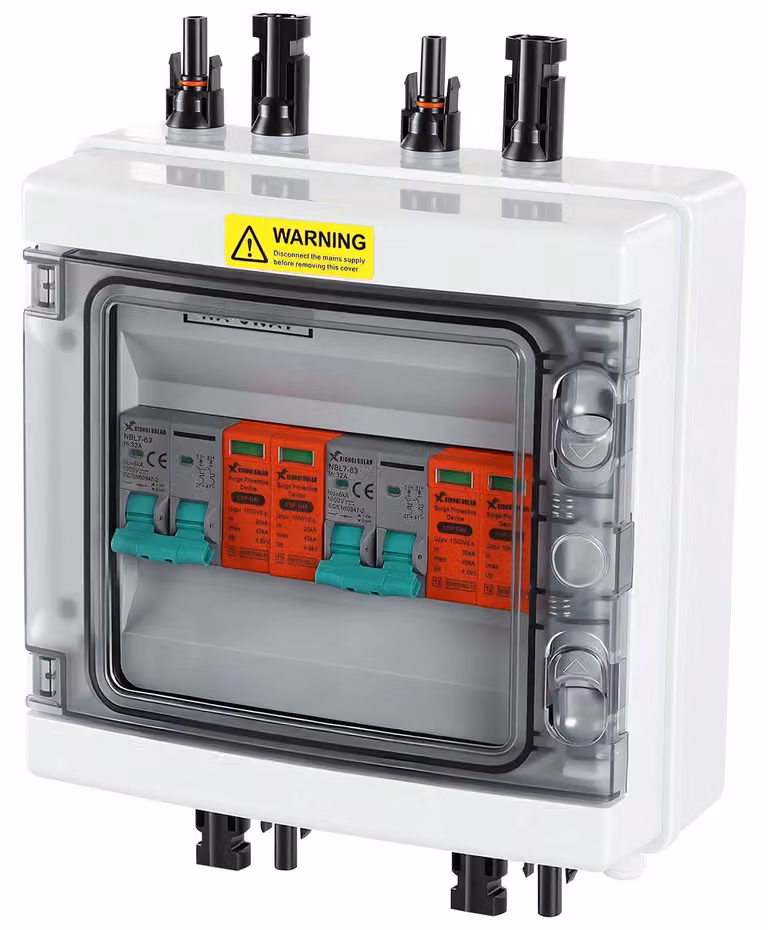 Scatola di connessione solare per 2 stringhe, DC 1000V, 32A, con protezione contro le sovratensioni, adatta per impianti fotovoltaici (PV) di tipo T2, grado di protezione IP65. Scatola di connessione per generatori solari, per 8 moduli, con connettori sol