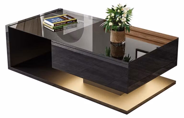 Tavolino da salotto - Nero lucido con piano in vetro e illuminazione d'atmosfera - Vano contenitore e design moderno