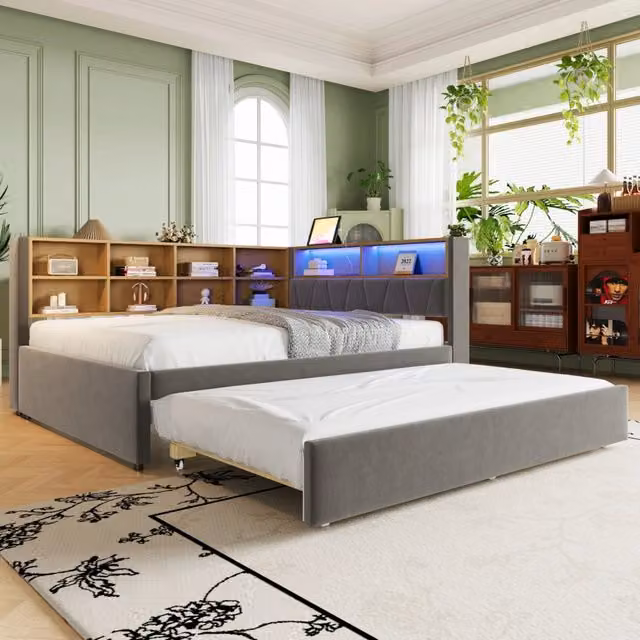 Divano letto multifunzione MODFU grigio con letto estraibile, illuminazione LED e porte di ricarica USB, L/P/H: 140 x 200 cm