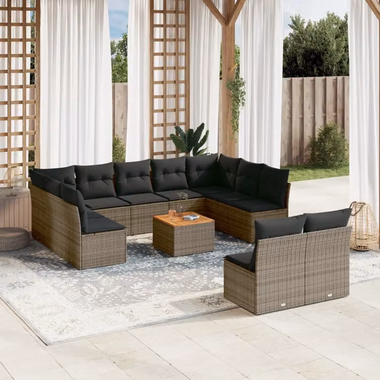 Set di divani da giardino vidaXL in polyrattan grigio con cuscini e tavolino da caffè