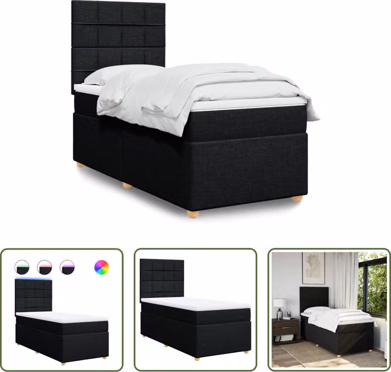 The Living Store Letto a molle con materasso nero 90x200 cm in tessuto