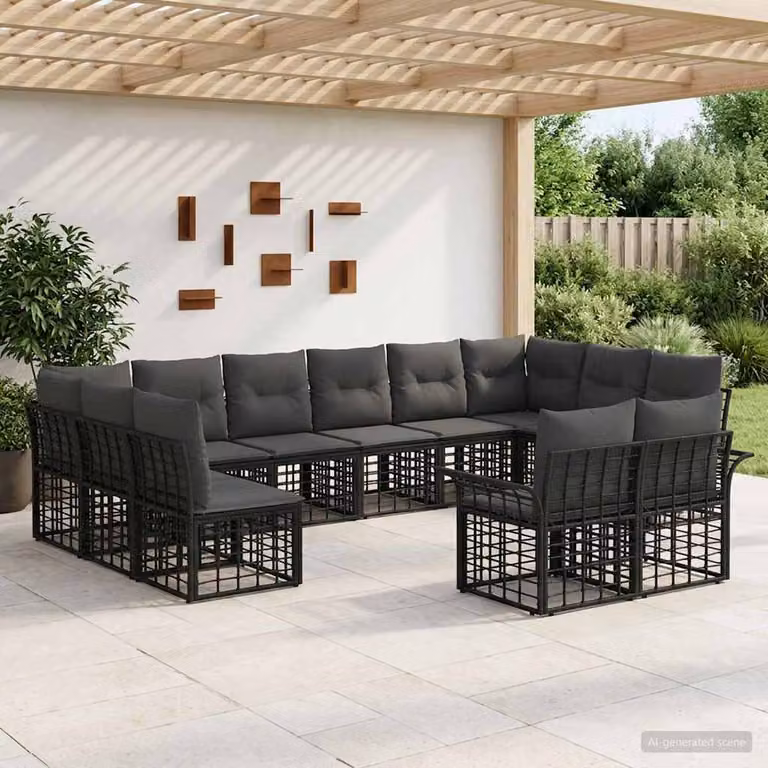 Set di divani da esterno vidaXL a forma di U con cuscini, struttura in metallo e tessuto nero e grigio