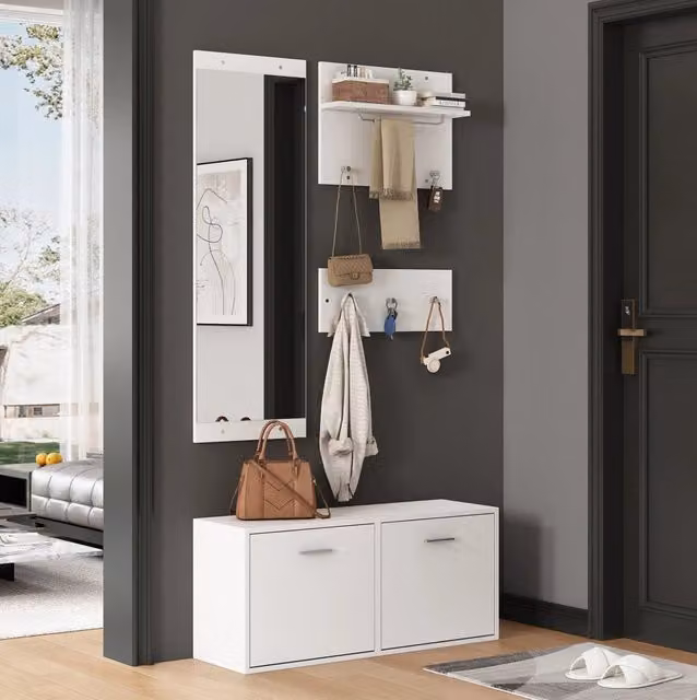 Set guardaroba bianco 4 pezzi con specchio, 2 appendiabiti, armadio scarpe 90x30x41,5 cm