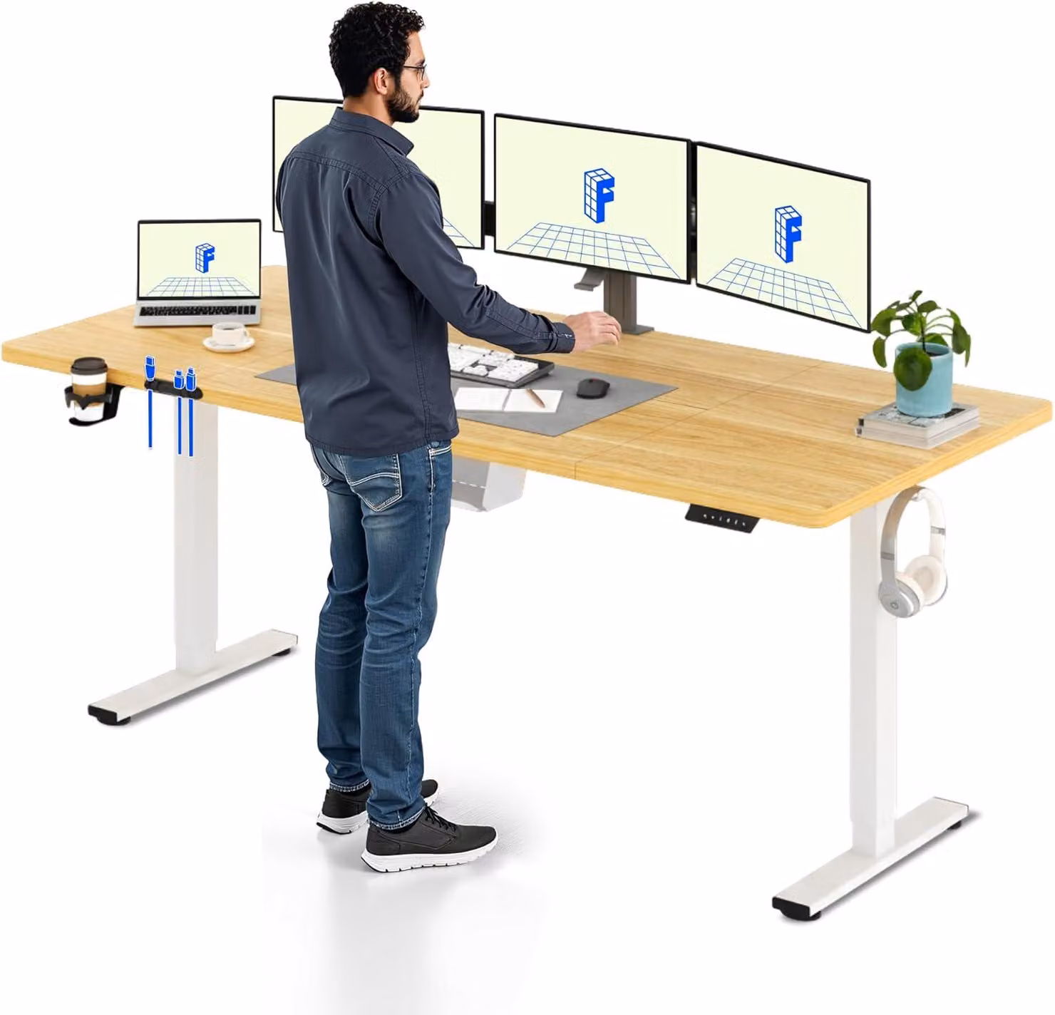 Scrivania regolabile in altezza elettricamente, dimensioni 200x80 cm, impiallacciata in acero, con funzione di memoria e sistema di gestione dei cavi