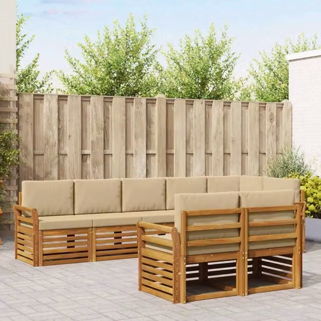 Set di divani da esterno a L vidaXL in legno di acacia e tessuto beige con cuscini inclusi