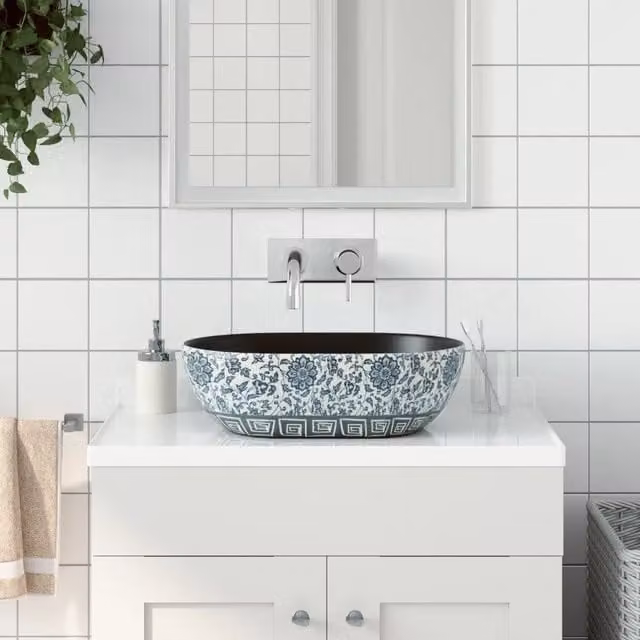 Lavabo da appoggio ovale vidaXL in ceramica nero e blu L: 47 cm, P: 33 cm, H: 13 cm